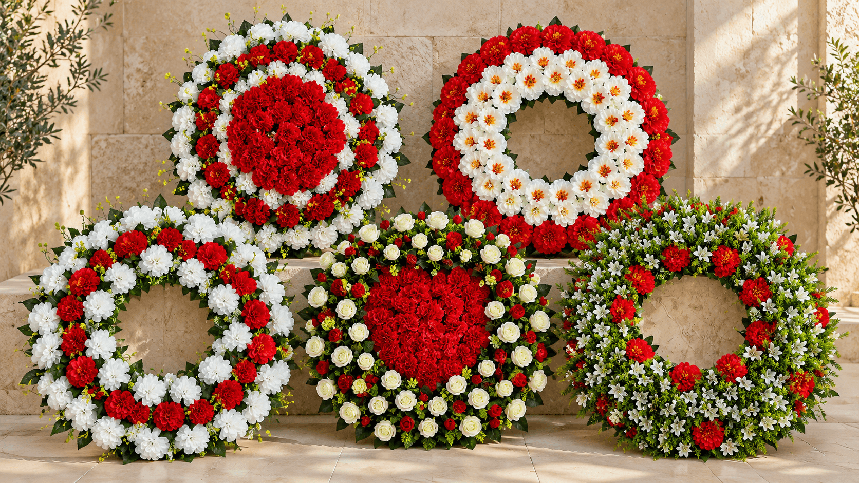 Pesë modele kurorash të Funeral BUDA, të bashkuara në një skenë ilustruese